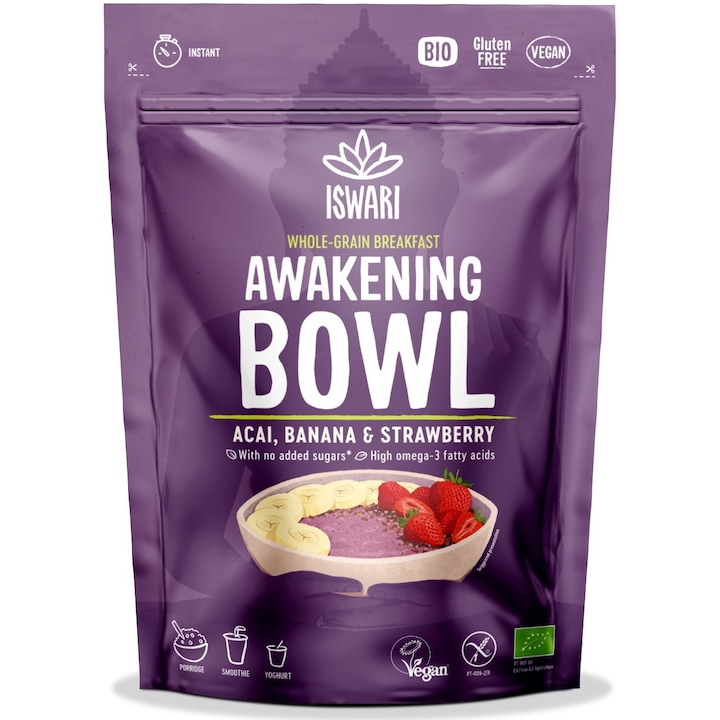 Mic dejun BIO fara zahar, cu acai, banane si capsuni Iswari 360g