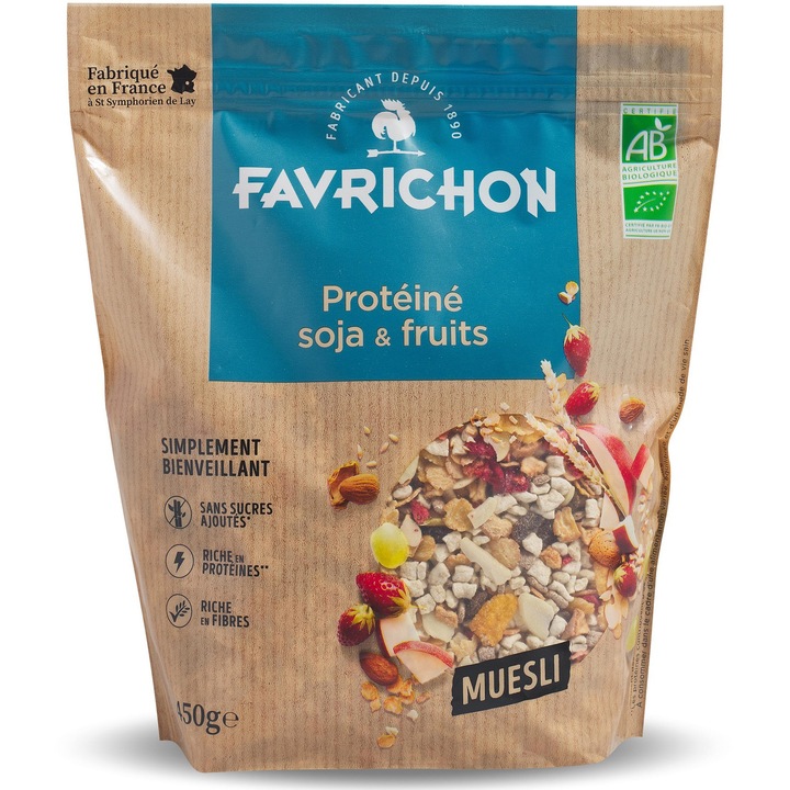 Musli BIO fara zahar cu 40% proteine, soia si fructe Favrichon 450g