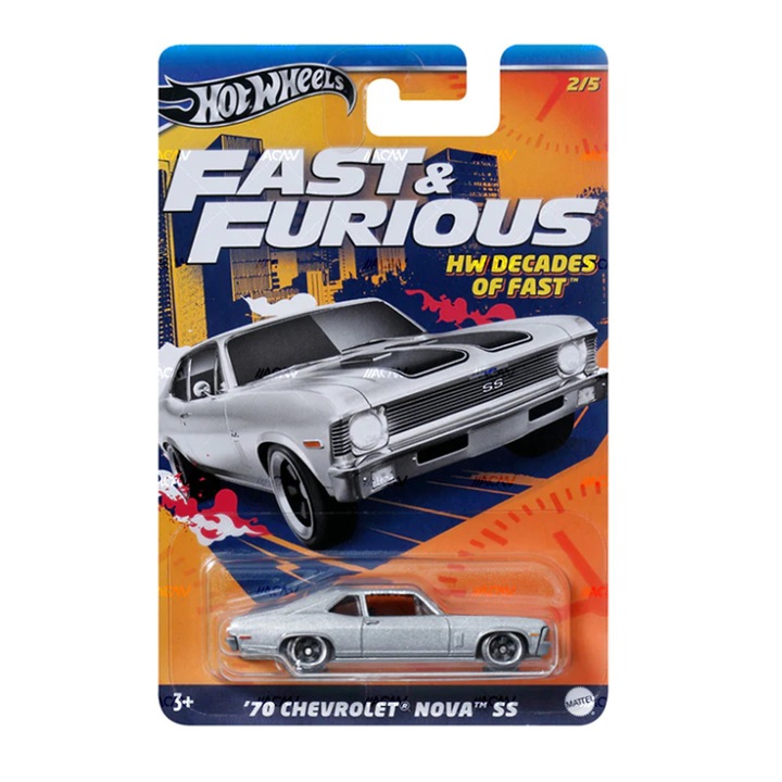 Masinuta metalica Hot Wheels, '70 Chevrolet Nova SS Fast & Furious, 1:64, Gri