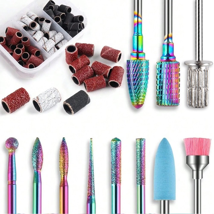 Set 11 Capete Freza Unghii, BYONDSELF®, cu Diamantate, Emery, Ceramica, Materiale Multiple, Forme Diverse, 75 Benzi de Slefuit, 3/32'' Universale, Bit-uri pentru Manichiura si Pedichiura, Multicolor