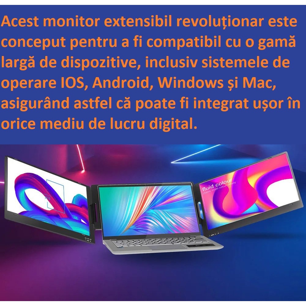 Monitor Extensibil Tri-Screen pentru Laptop Premium, dimensiune