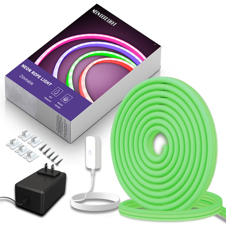 Banda LED Neon Flexibila Waterproof, Lumina Verde, 120 Leduri/Metru, Intensitate Reglabila, 5 Metri Lungime, Adaptor de Priza