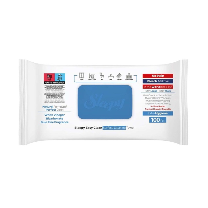 Set 2 x 100 Servetele Umede, Sleepy, cu Bicarbonat, Multisuprafete, Bleach Additive