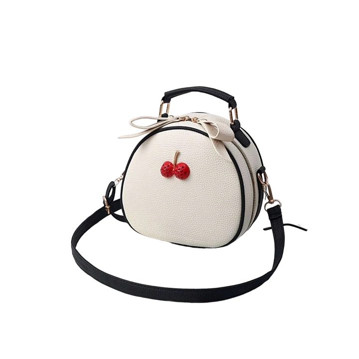 Geanta de mana rotunda Mini Cherry, crossbody, cu maner superior, dimensiuni 20x20x9 cm, culoarea alb, The Casius.®