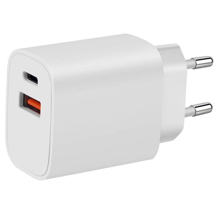 Ultragyors hálózati töltő, 20 W, PD 3.0 + QC3.0, Axroad Mall, 2 port, 1 x USB, 1 x Type-C, Beépített intelligens IC felismerő technológia, Univerzális kompatibilis iPhone, Huawei, Samsung, Xiaomi, 80× 43 × 27 mm, fehér