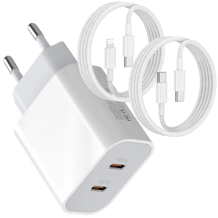 Incarcator universal CLOOPER™ compatibil cu iPhone 15/14/13/12/11/Pro/Pro Max/SE/iPad/AirPods/Samsung/Huawei/Google Pixel/Oppo/USB Type-C, cablu de date Type-C/ Lightning, Fast charge 20W, Alb/Gri