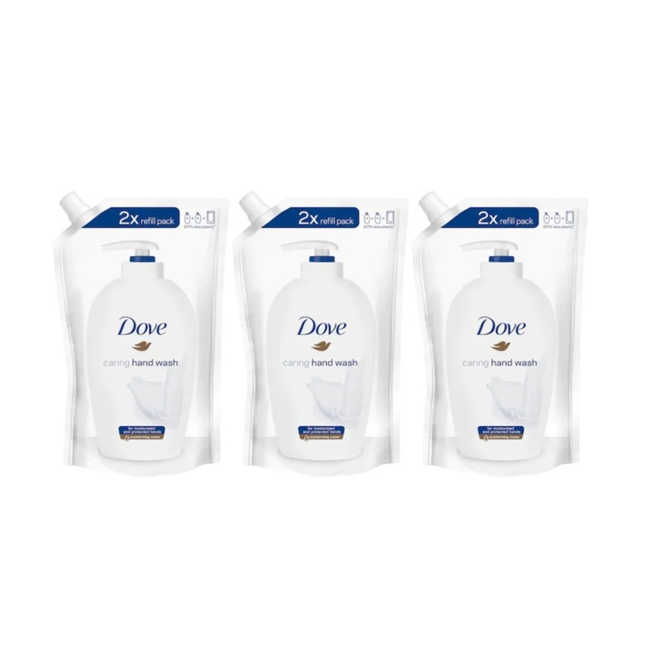 Комплект 3 x течен сапун Reserva Dove Caring Hand Wash 500 мл, Ефективно почистване, Хидратация, Усещане за свежест
