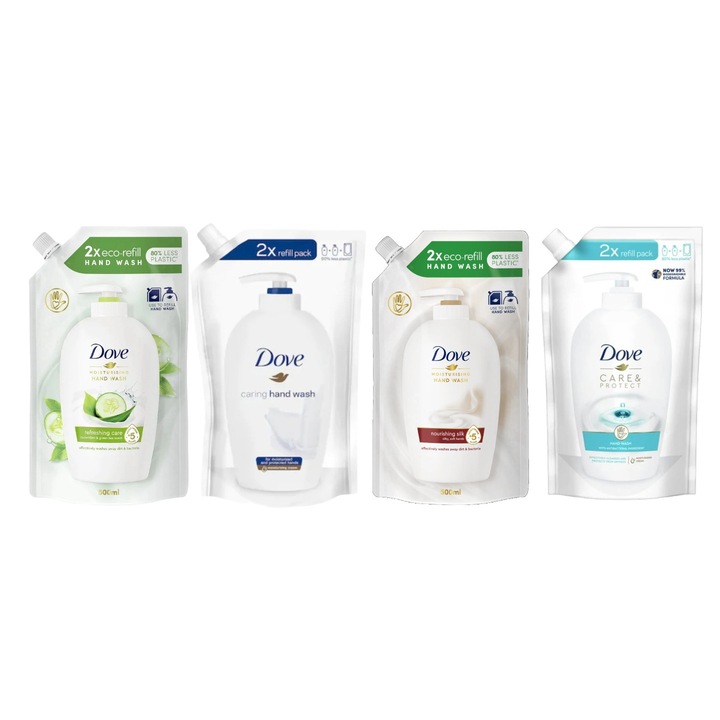 Комплект от 4 x резервен течен сапун Dove Variety 500 ml, 1 x краставица и зелен чай, 1 x грижа за измиване на ръцете, 1 x подхранваща коприна, 1 x Care&Protect Ефективно почистване, хидратация, усещане за свежест