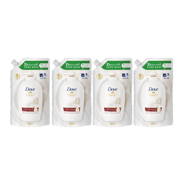 Комплект 4 x Reserva Dove Подхранващ копринен течен сапун 500 ml, Ефективно почистване, хидратация, усещане за свежест