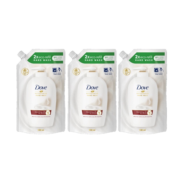 Комплект 3 резерви с течен сапун Dove Nourishing Silk 500 мл, Ефективно почистване, хидратация, усещане за свежест