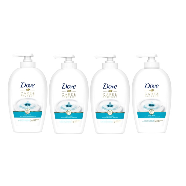 Комплект от 4 бр течен сапун Dove Care&Protect 250 мл, Ефективно почистване, Хидратация, Усещане за свежест