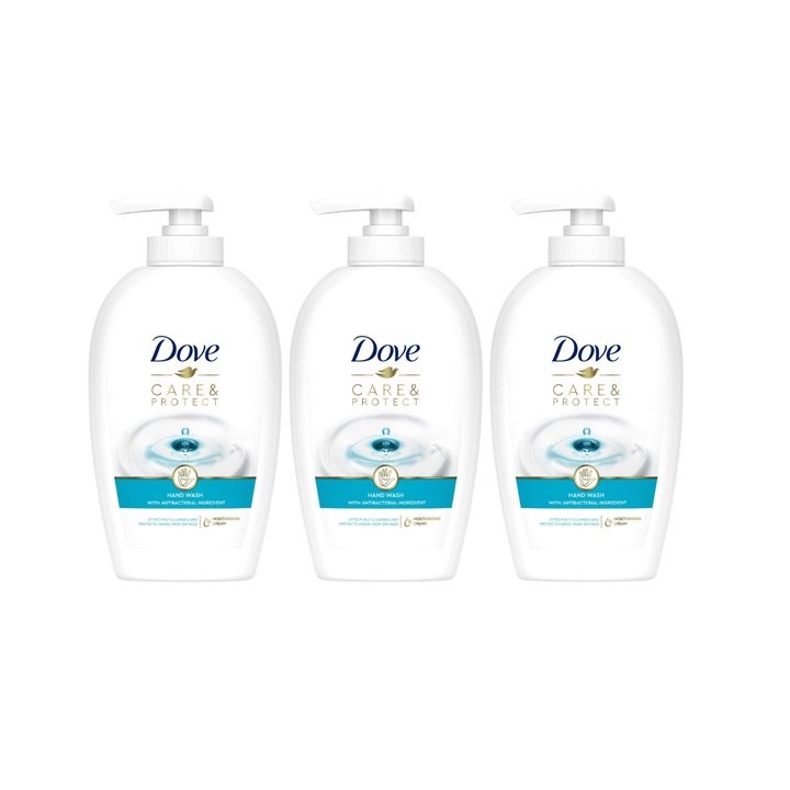 Комплект от 3 бр течен сапун Dove Care&Protect 250 мл, Ефективно почистване, Хидратация, Усещане за свежест
