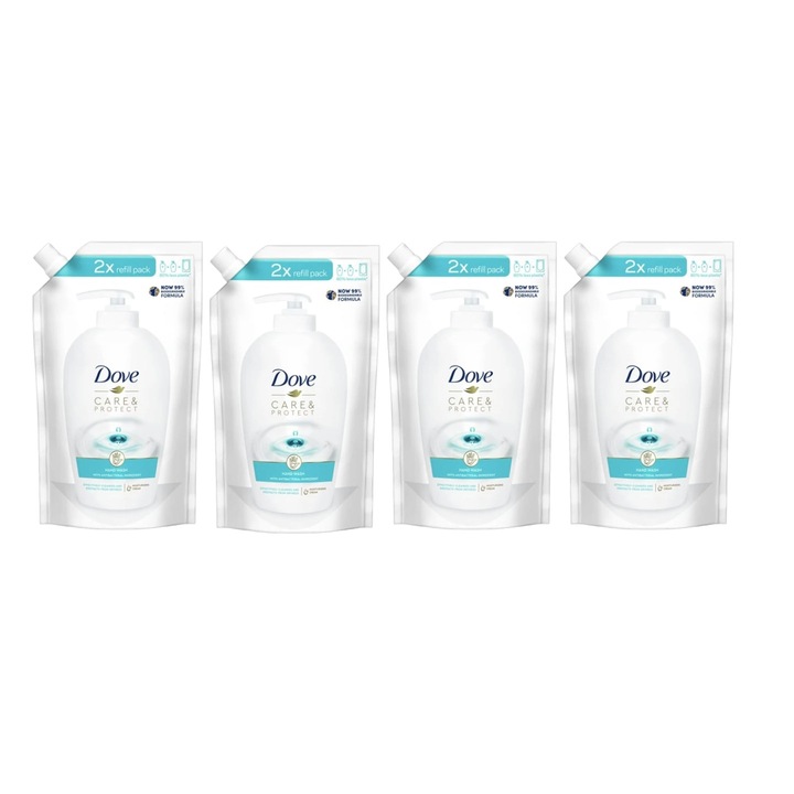 Комплект 4 x течен сапун Reserva Dove Care&Protect 500 мл, Ефективно почистване, Хидратация, Усещане за свежест