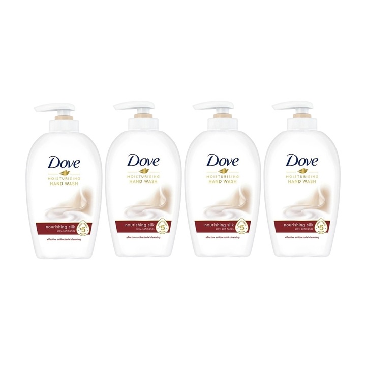 Комплект от 4 течни сапуна Dove Nourishing Silk 250 мл, Ефективно почистване, Хидратация, Усещане за свежест
