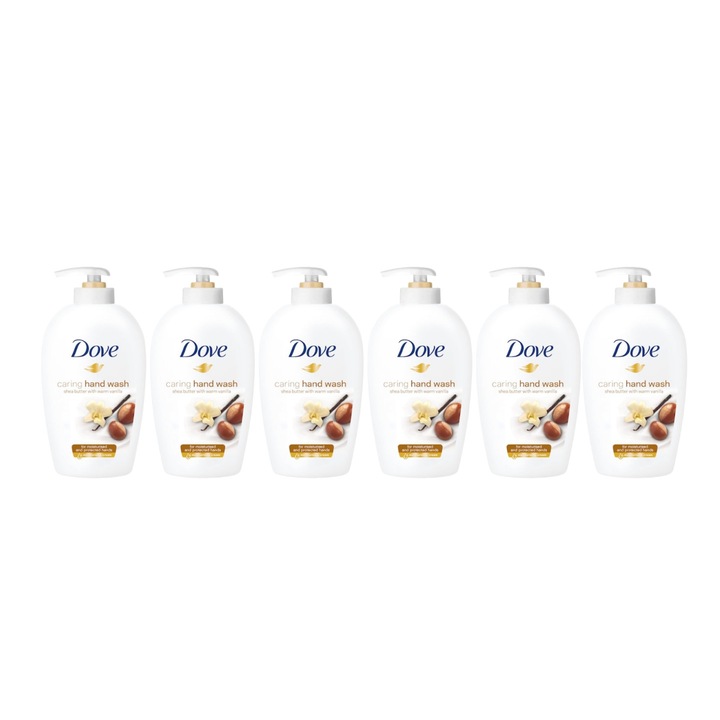 Комплект от 6 x течни сапуна Dove Caring Hand Wash Shea Butter with Warm Vanilla, 250 ml, Ефективно почистване, Хидратация, Усещане за свежест