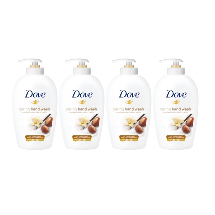 Комплект от 4 x Dove Caring Hand Wash Shea Butter with Warm Vanilla течен сапун 250 ml, Ефективно почистване, хидратация, усещане за свежест