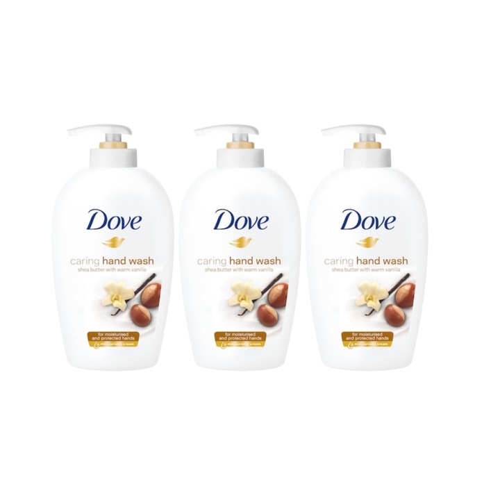 Комплект от 3 x Dove Caring Hand Wash Shea Butter with Warm Vanilla течен сапун 250 ml, Ефективно почистване, Хидратация, Усещане за свежест