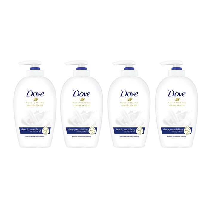 Комплект от 4 броя течен сапун Dove, Дълбоко подхранващ, 250 мл, Ефективно почистване, Хидратация, Усещане за свежест