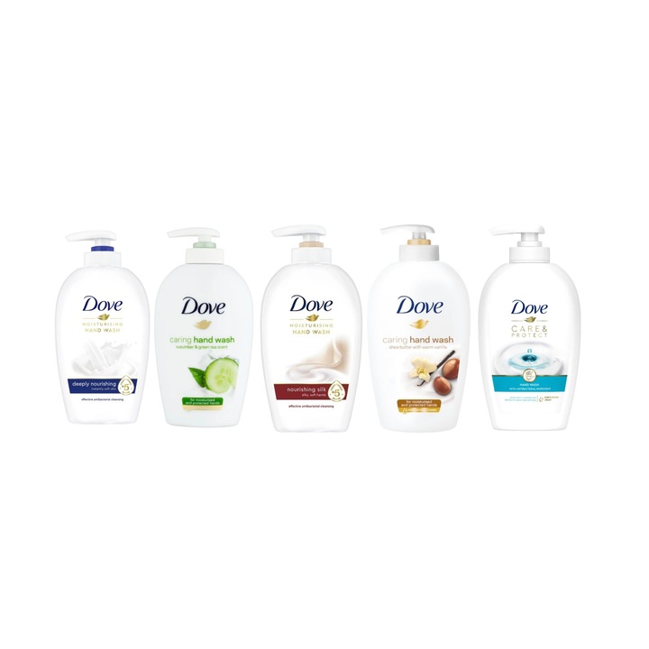Комплект от 5 х течен сапун Dove Variety 250 мл, 1 х дълбоко подхранващ, 1 х краставица и зелен чай, 1 х подхранваща коприна, 1 х грижа и защита, ефективно почистване, хидратация, усещане за свежест