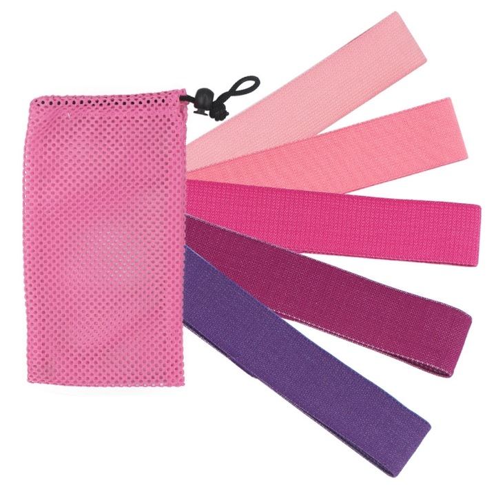 Set 5 mini benzi elastice rezistenta din latex, BOMSTOM, Anti-alunecare, 5 niveluri diferite de rezistenta, Pentru Femei si Barbati, Antrenament sala, Yoga, Pilates, Multicolor Roz