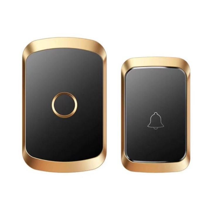 Vezeték nélküli csengő, BOMSTOM, 1 vevő, vízálló, távolság 300 m, 36 dallam, 5,6x2x9 cm, fekete/arany