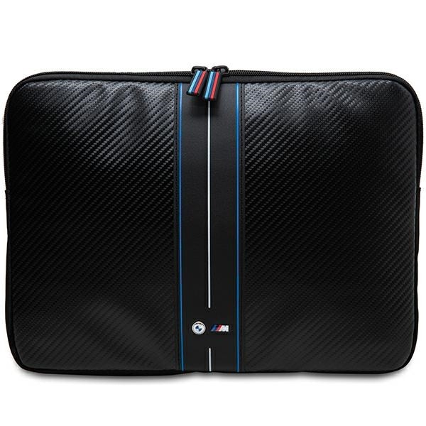 Husa laptop BMW Carbon Blue Stripes, ecopiele/nylon, negru, 26x34x1.5cm