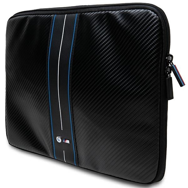 Husa laptop BMW Carbon Blue Stripes, ecopiele/nylon, negru, 26x34x1.5cm