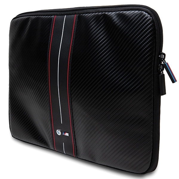 Husa laptop BMW Carbon Red Stripes, eco-piele/nylon, negru, 28x38x1.5cm