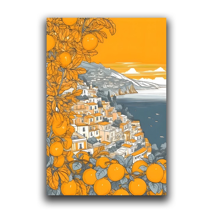 Prémium vászonfestmény, LuxCanva® C1160, City By The Sea, 80 X 120 CM, 100% pamut vászon 400g/m2, Fakeret, Színek, Város, Tenger, Szezon nappali, Relaxáció, Élénk színek