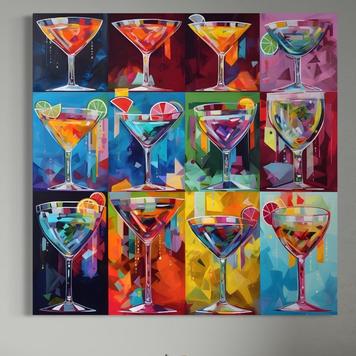 Премиум Канава Картина, LuxCanva® A1495, Коктейл, 100 X 100 СМ, 100% Памучно Платно 400гр/м2, Дървена Подрамка, Стая, Напитка, Чаши, Бар, Кухня, Ярки Цветове