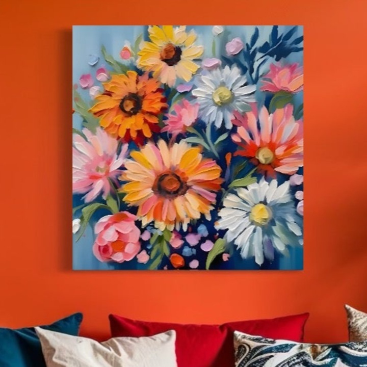 Премиум платно картина, LuxCanva® C1161, Букет от ярко оцветени цветя, 75 X 75 СМ, 100% памучно платно 400g/m2, Дървена рамка, Растения, Многоцветен, Хол, Живи цветове