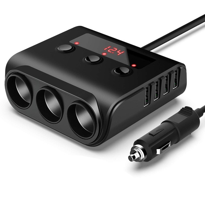 Adaptor Bluetooth 5.0 priza auto, Bricheta 100W, Bolongking®, 12/24V, Splitter, Iluminare LED, 3x soclu auto, 4 x USB, Afisaj display voltaj, cablu 58cm, ABS, Negru