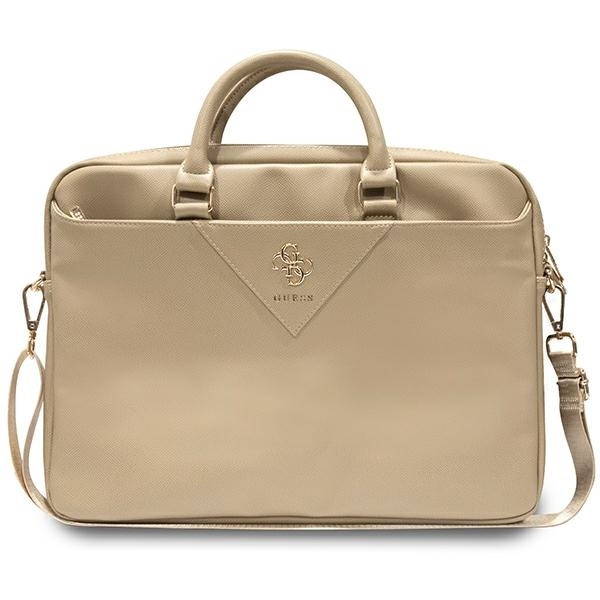 Geanta laptop Guess ZIP Leather Triangle, eco-piele, auriu, 31x41x6cm