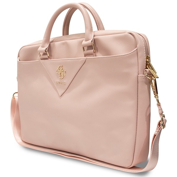 Geanta laptop Guess ZIP Leather Triangle, eco-piele, roz, 31x41x6cm