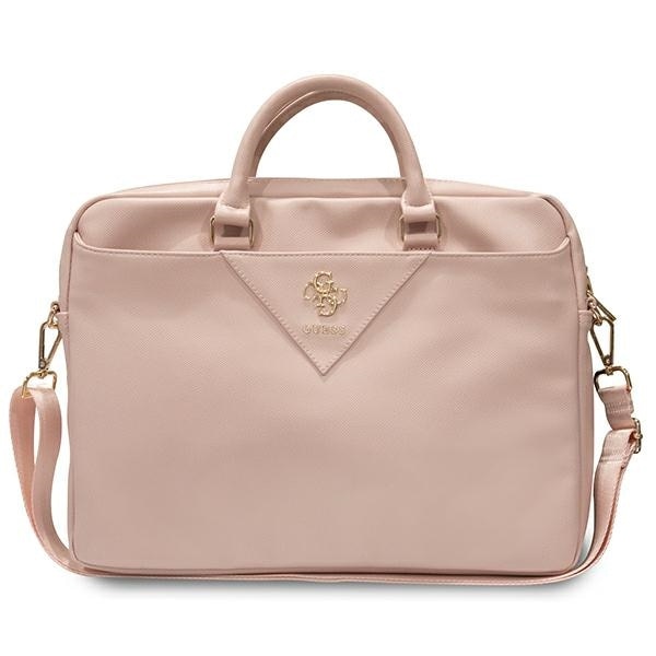 Geanta laptop Guess ZIP Leather Triangle, eco-piele, roz, 31x41x6cm