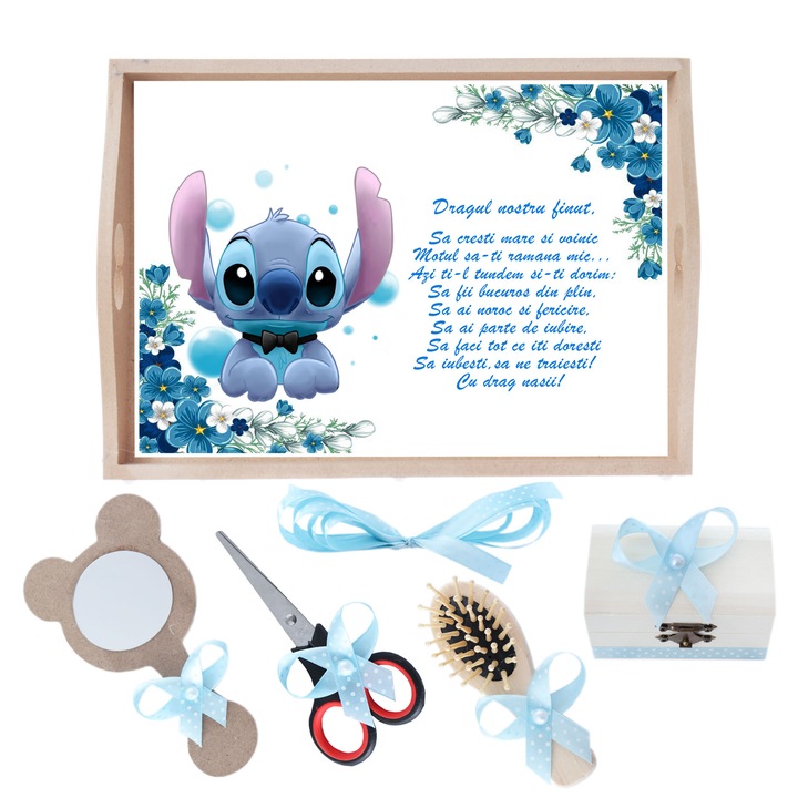 Set tava pentru taiere mot la baieti, model Stitch, bleu, 6 piese, 35x20 cm, Recostore®, REC1967/220