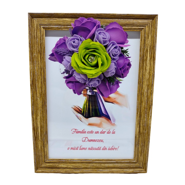 Tablou in rama A4 (30x21 cm) - Familia este un dar de la Dumnezeu, o mica lume nascuta din iubire! - v9 decorat cu flori de sapun verde - mov