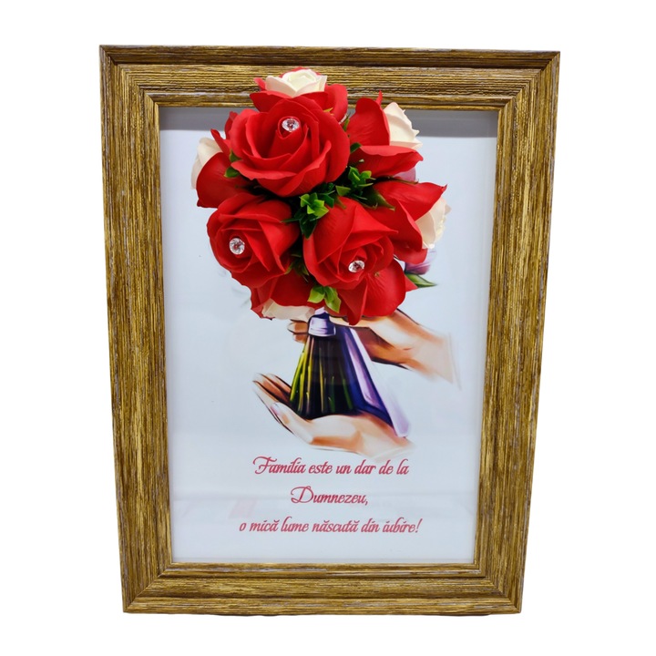 Tablou in rama A4 (30x21 cm) - Familia este un dar de la Dumnezeu, o mica lume nascuta din iubire! - v9 decorat cu flori de sapun rosii