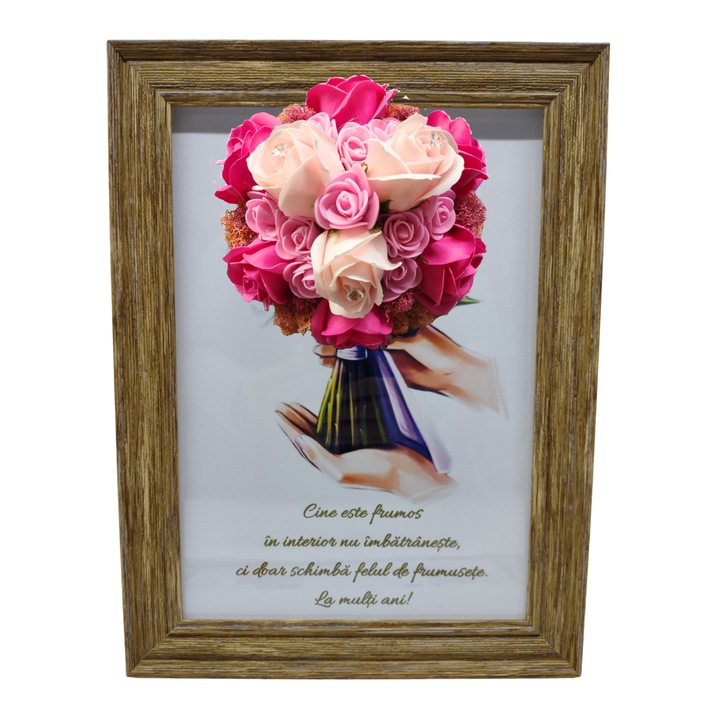 Tablou in rama A4 (30x21 cm) - Cine este frumos in interior nu imbatraneste, ci doar schimba felul de frumusete - v9 decorat cu flori de sapun roz - roz pal