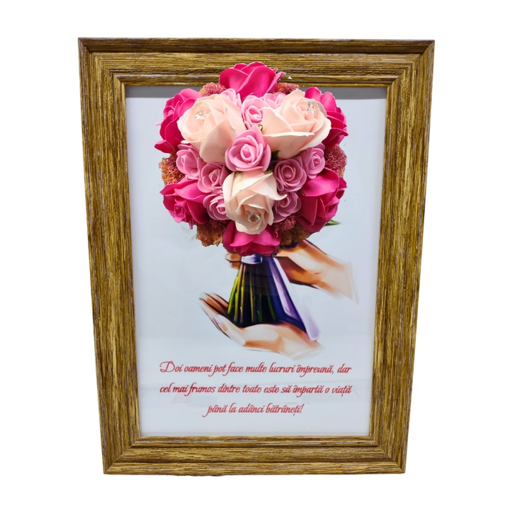 Tablou in rama A4 (30x21 cm) - Doi oameni pot face multe lucruri impreuna, dar cel mai frumos dintre toate... - v9 decorat cu flori de sapun roz - roz pal