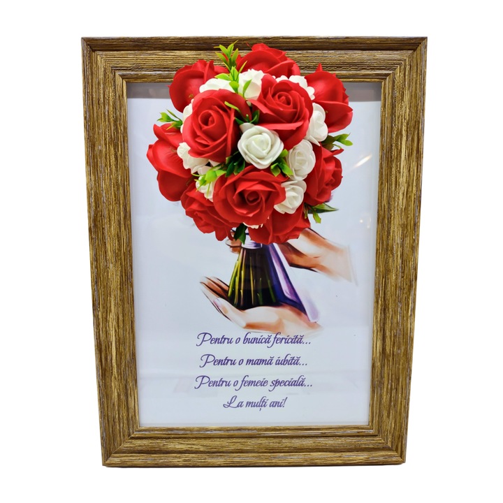 Tablou in rama A4 (30x21 cm) - Pentru o bunica fericita, pentru o mama iubita, pentru o femeie speciala! - v9 decorat cu flori de sapun rosu - alb