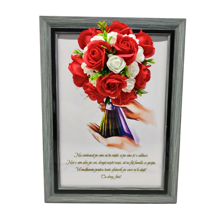 Tablou in rama A4 (30x21 cm) - Nu conteaza pe cine ai in viata, ci pe cine ti-e alaturi - v10 decorat cu flori de sapun rosu - alb