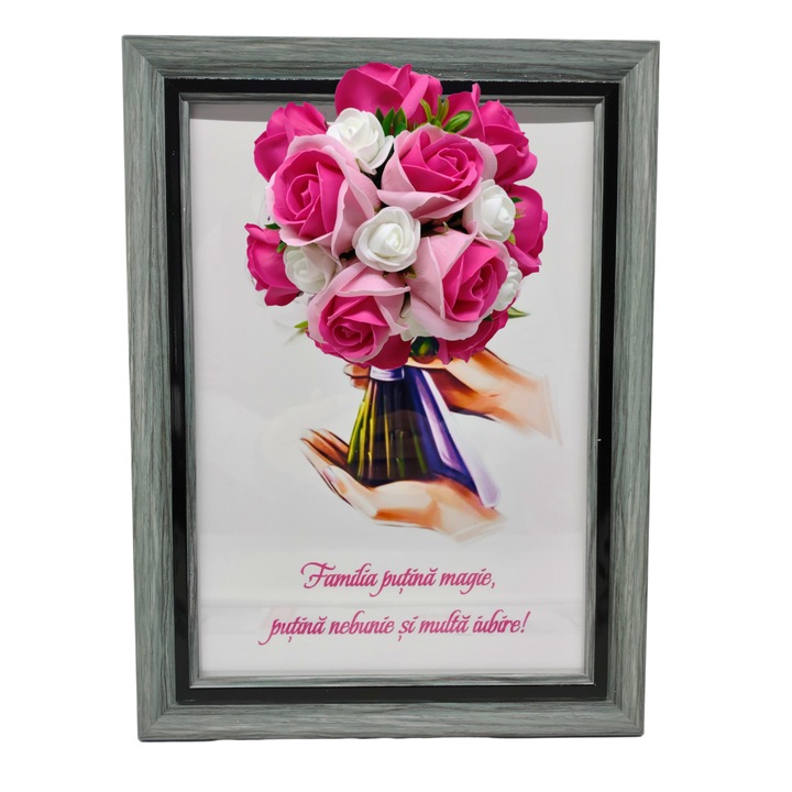 Tablou in rama A4 (30x21 cm) - Familia putina magie, putina nebunie si multa iubire - v10 decorat cu flori de sapun roz - inchis roz