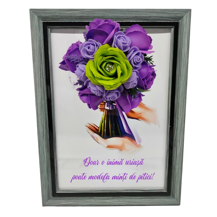 Tablou in rama A4 (30x21 cm) - Doar o inima uriasa poate modela minti de pitici! - v10 decorat cu flori de sapun mov - verde