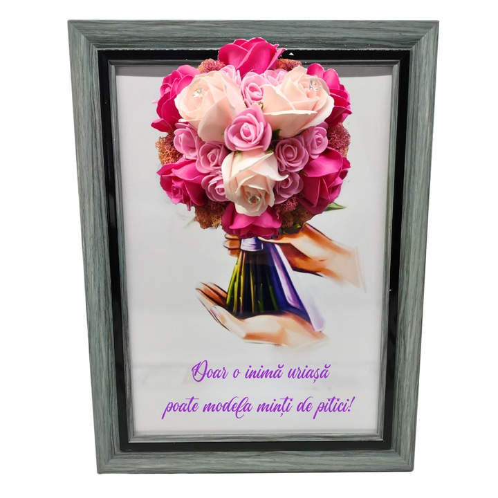 Tablou in rama A4 (30x21 cm) - Doar o inima uriasa poate modela minti de pitici! - v10 decorat cu flori de sapun roz - roz deschis