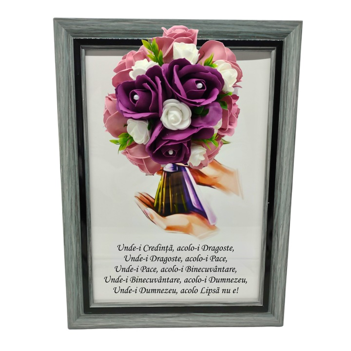 Tablou in rama A4 (30x21 cm) - Binecuvantarea Casei - v10 decorat cu flori de sapun visiniu - roz