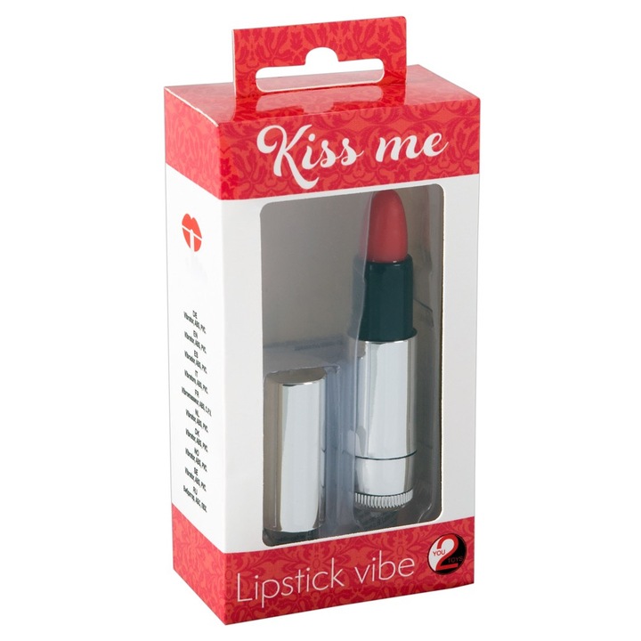 Mini vibrator ruj Kiss Me, forma de lipstick, 3 culori, varf moale, vibratii multiple, 8.7 cm, baterii incluse