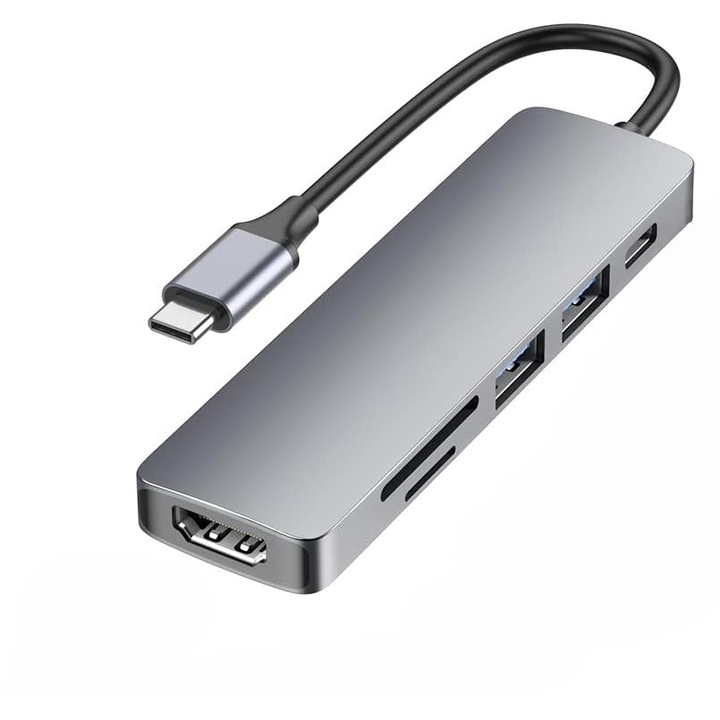 Адаптер Докинг станция, 6 в 1 USB C хъб, Bailink, 2 x USB 3.0, 1 X USB Type-c, 87W PD, 1 порт 4K HDMI, 1 x SD карта, 1 x TF карта, метално сиво