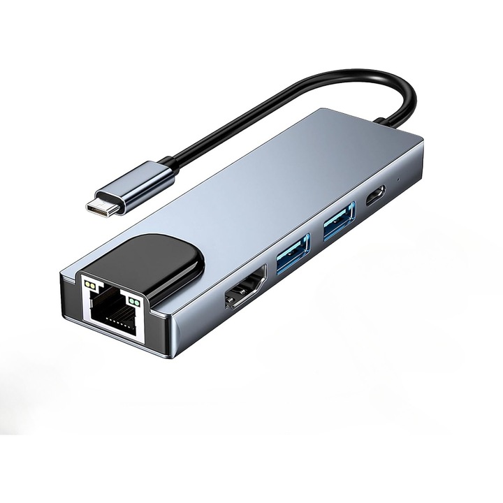 Адаптер Докинг станция, 5 в 1 USB C хъб, Bailink, 2 x USB 3.0, 1 X USB Type-c, 100 W PD, 1 порт 4K HDMI, 1 X RJ45 Ethernet, сребрист