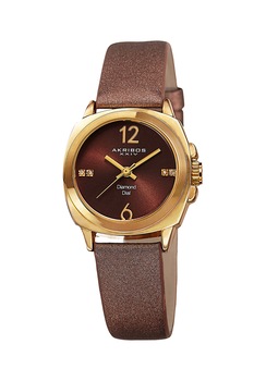 AKRIBOS XXIV, Ceas cu o curea de piele acoperita in satin si 4 diamante, Rosu Bordeaux/Auriu AKRIBOS XXIV, Ceas cu o curea de piele acoperita in satin si 4 diamante, Rosu Bordeaux/Auriu